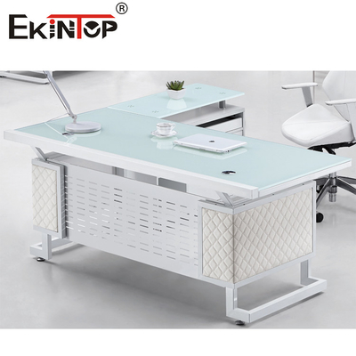 Le bureau en verre exécutif de pieds bleus en métal blanc a poli la surface durable