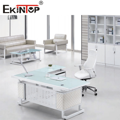 Le bureau en verre exécutif de pieds bleus en métal blanc a poli la surface durable