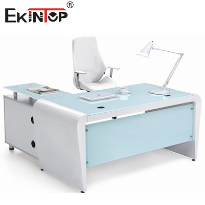 Bureau en verre bleu blanc d'ordinateur de bureau de rectangle avec des tiroirs et le stockage
