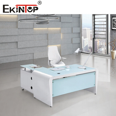 Bureau en verre bleu blanc d'ordinateur de bureau de rectangle avec des tiroirs et le stockage