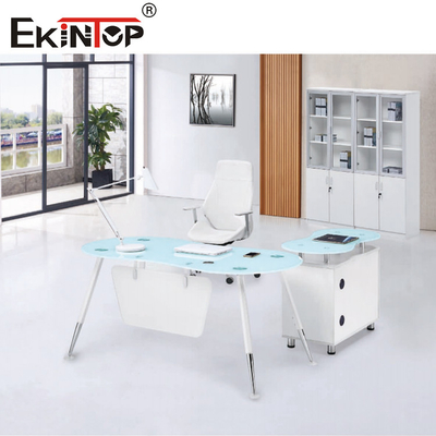 L bleu blanc Président Office Glass Desk de forme avec la surface douce de Cabinet