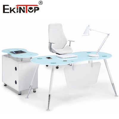 L bleu blanc Président Office Glass Desk de forme avec la surface douce de Cabinet