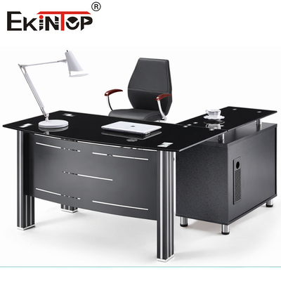 Dessus de bureau en verre moderne avec pieds en métal et table de direction en verre avec tiroir