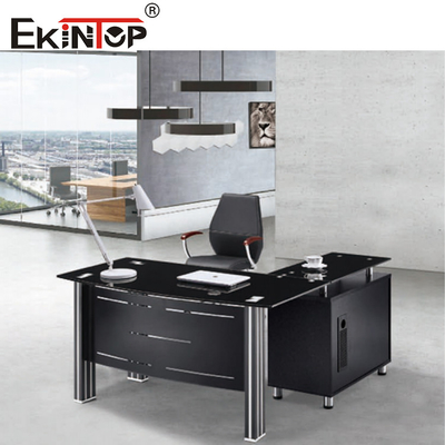 Dessus de bureau en verre moderne avec pieds en métal et table de direction en verre avec tiroir