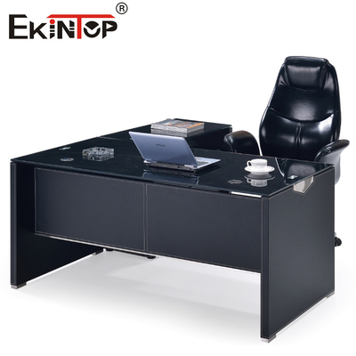 Bureau d'ordinateur moderne en verre noir avec des jambes en métal tiroir Taille personnalisée