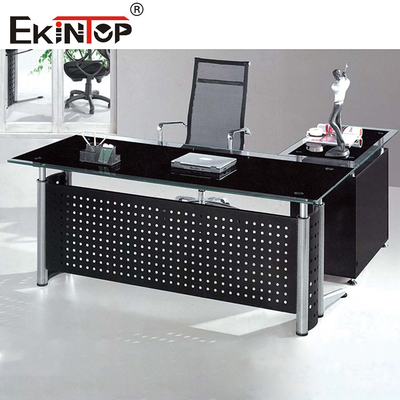 Bureau en verre noir avec tiroirs Pieds métalliques pour la maison et les affaires