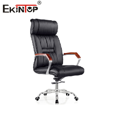 Chaise en cuir noir foncé avec hauteur réglable et accoudoirs en bois
