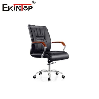 Chaise en cuir noir foncé avec hauteur réglable et accoudoirs en bois