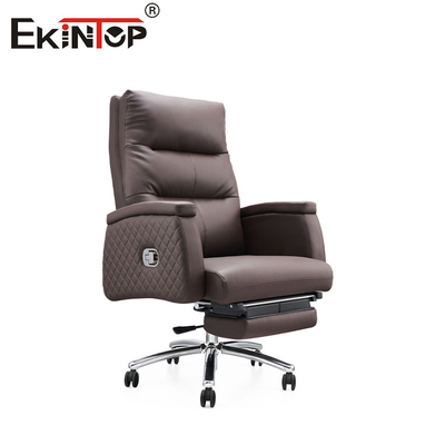 Chaise de bureau en cuir PU brun avec roulettes et barre de traction pour repose-pieds en bas
