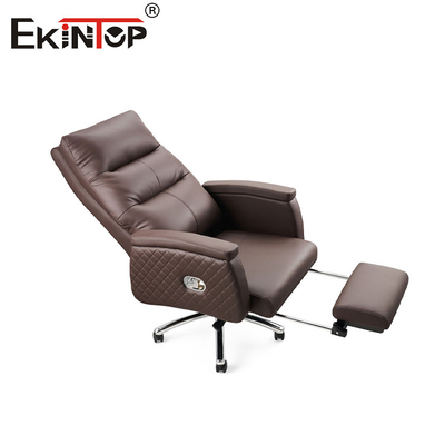 Chaise de bureau en cuir PU brun avec roulettes et barre de traction pour repose-pieds en bas